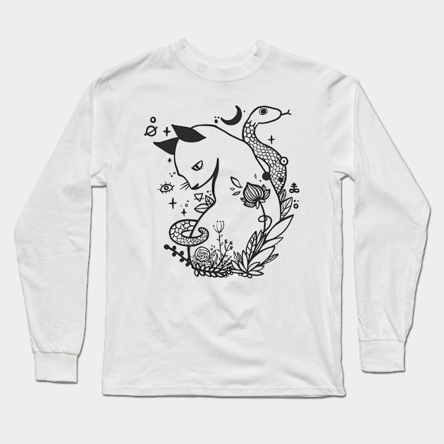 Cat And Snake With Flowers Long Sleeve T-Shirt by cellsdividing